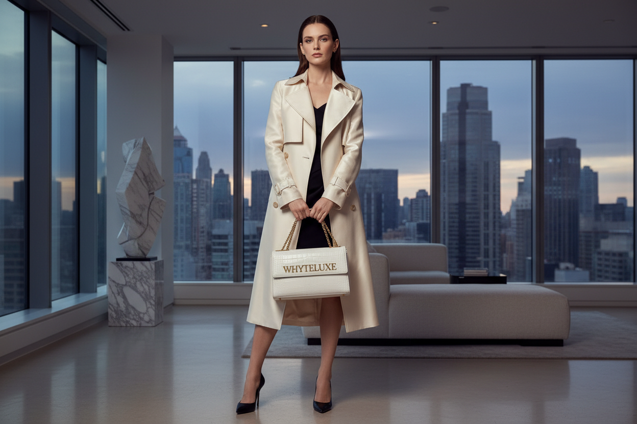 Woman holding Whyteluxe bag with logo 